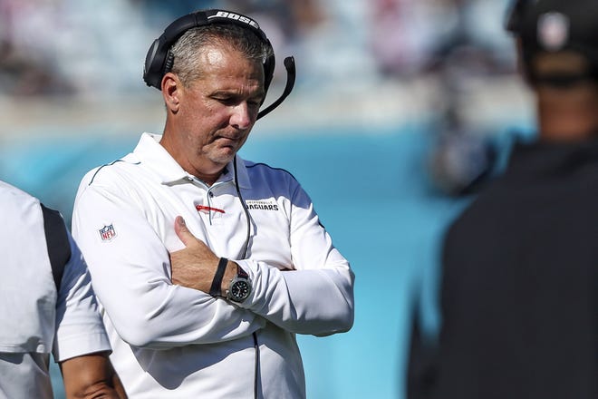 Former Jacksonville Jaguars head coach Urban Meyer stands on the sideline during the final minutes of a football game against the Arizona Cardinals on Sunday, Sept. 26, 2021. Meyer's tumultuous NFL tenure ended after just 13 games and two victories when the Jaguars fired him early Thursday, Dec. 16.