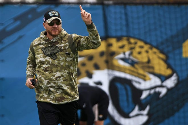 Jacksonville Jaguars Interim Head Coach Darrell Bevell, an offensive coordinator under former Head Coach Urban Meyer, leads practice Thursday, Dec. 16, 2021, at TIAA Bank Field's practice field in Jacksonville, Fla. Bevell took over after Meyer was fired Wednesday night.