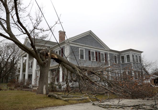 A downed tree stretches wires at the Kimberly Double House on East Wisconsin Avenue in Neenah.