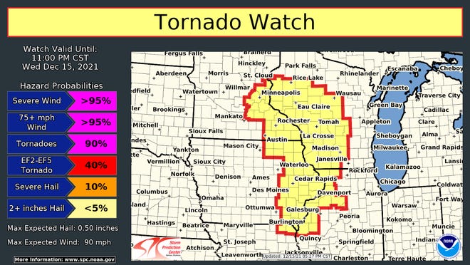 The area shade in yellow, including western and central Wisconsin, is under a tornado watch until 11 p.m. Wednesday.