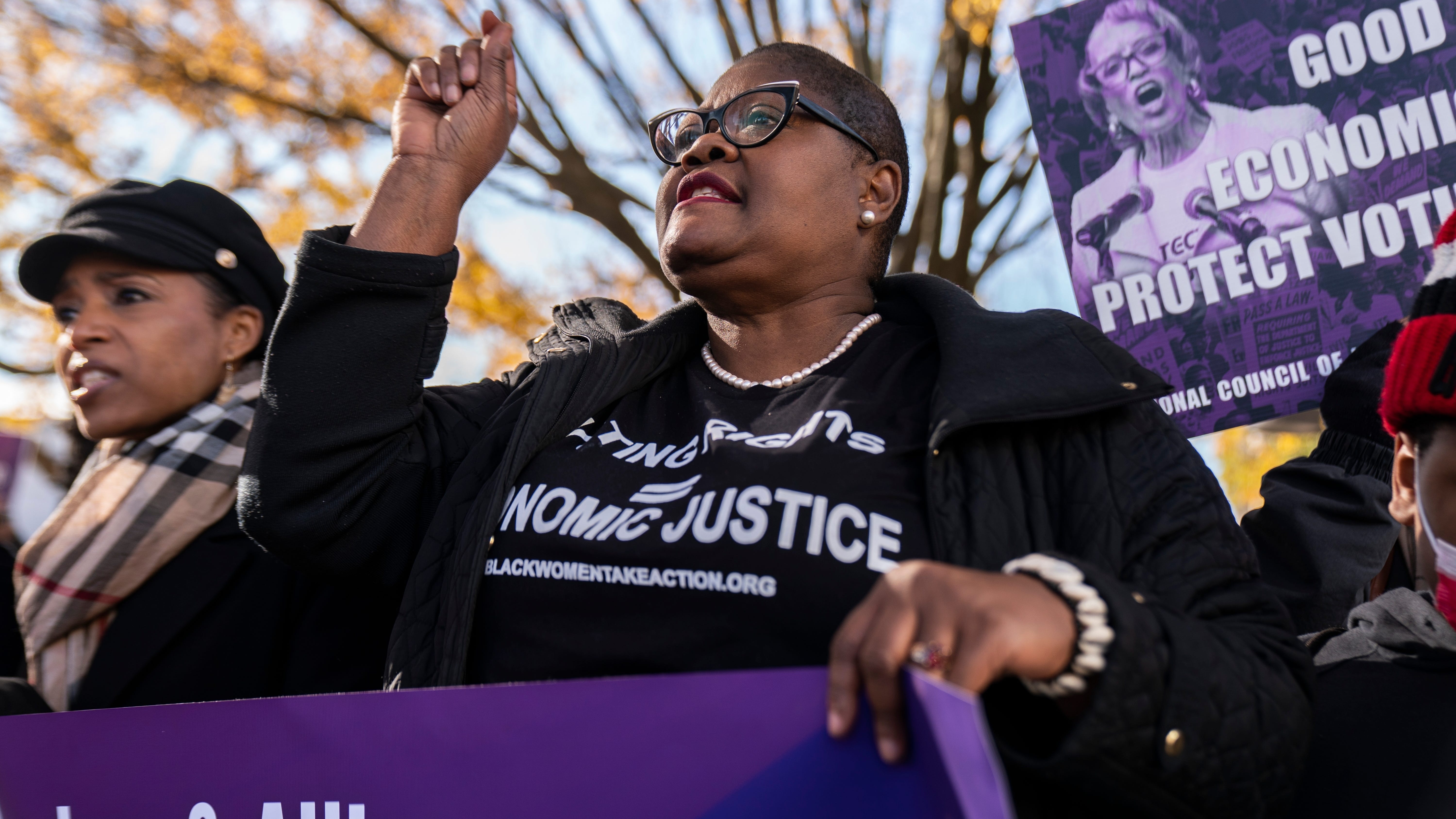 Melanie Campbell, president of the National Coalition on Black Civic Participation and convener of the Black Women’s Roundtable, spoke at a voting rights rally in Washington, D.C., Nov. 16, 2021. Campbell has been leading protests  in recent weeks to push Congress to pass voting rights legislation.