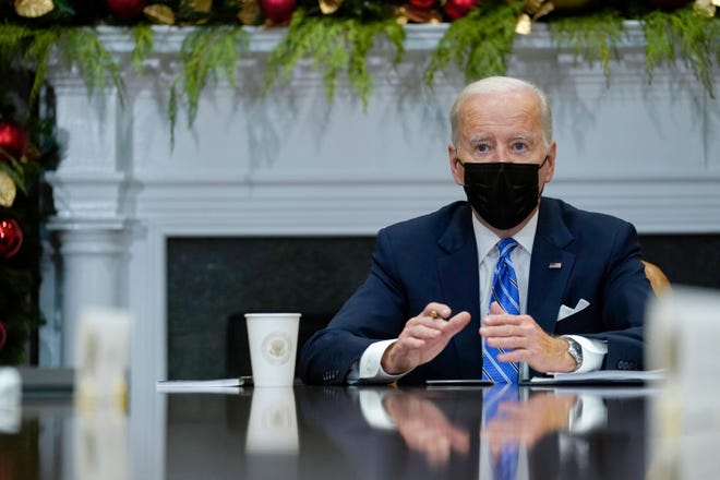 President Joe Biden speaks as he meets with members of the White House COVID-19 Response Team in the Roosevelt Room of the White House in Washington, Thursday, Dec. 16, 2021. (AP Photo/Susan Walsh) ORG XMIT: DCSW112
