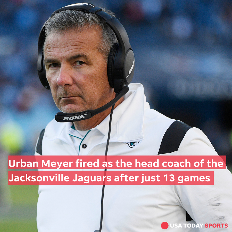 Urban Meyer, now the former Jacksonville Jaguars head coach stands on the sidelines during the team's game against the Tennessee Titans on Sunday, Dec. 12, 2021.