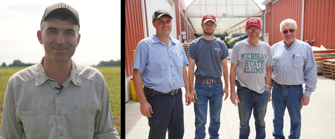 Travis Horkey (far left) is a partner in the Horkey Brothers Farm in Dundee that also includes (right photo, from left) Doug Horkey,; Jonathan Helmstadter, (Doug's nephew); Carl Horkey and George Horkey Jr. Carl and George Jr own the farm with Travis and Doug having taken over most of the production operations.