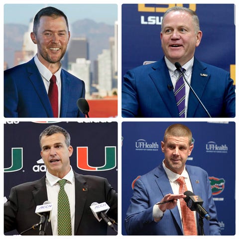From top left, clockwise: USC's Lincoln Riley, LSU