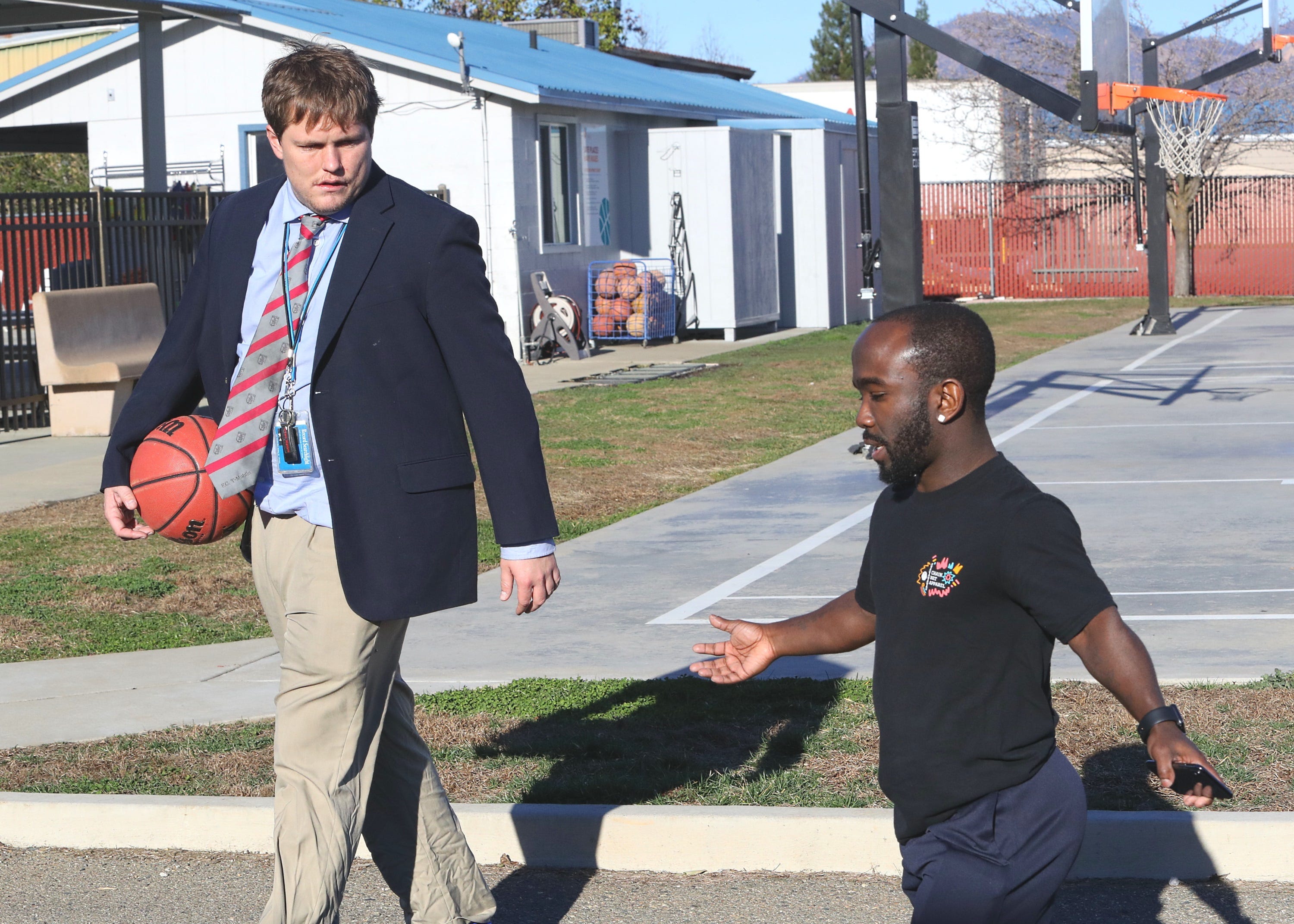 Record Searchlight sports reporter Ethan Hanson interviews Harlem Globetrotters player Mani Love on Feb. 11, 2020 at the Shasta Family YMCA in Redding.