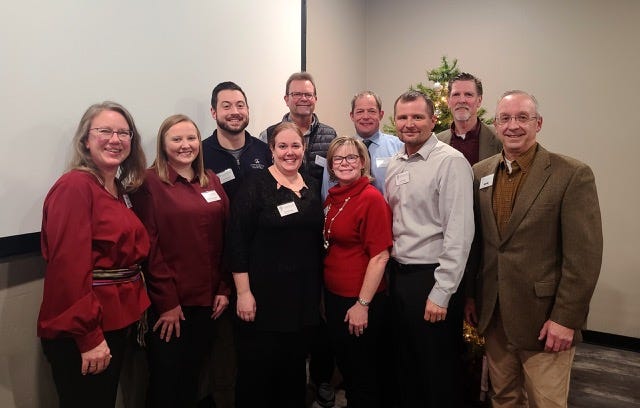 The Montevideo Area Community Foundation board: (left to right) Donna Krueger, Kayla Reiffenberger, Austin Hoehne, Chuck Vien, Scott Huntley, John Skoglund (front row)  Krystal Lynne  Shannon Olson, Todd Ricke and Lanny Brown. Not pictured:  Rob Dye and Doug Sebastian.