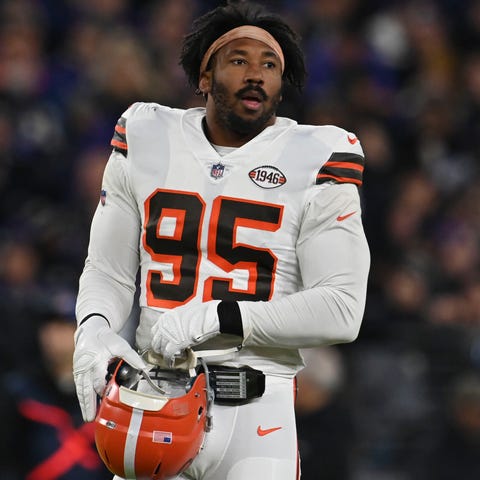 Cleveland Browns defensive end Myles Garrett looks