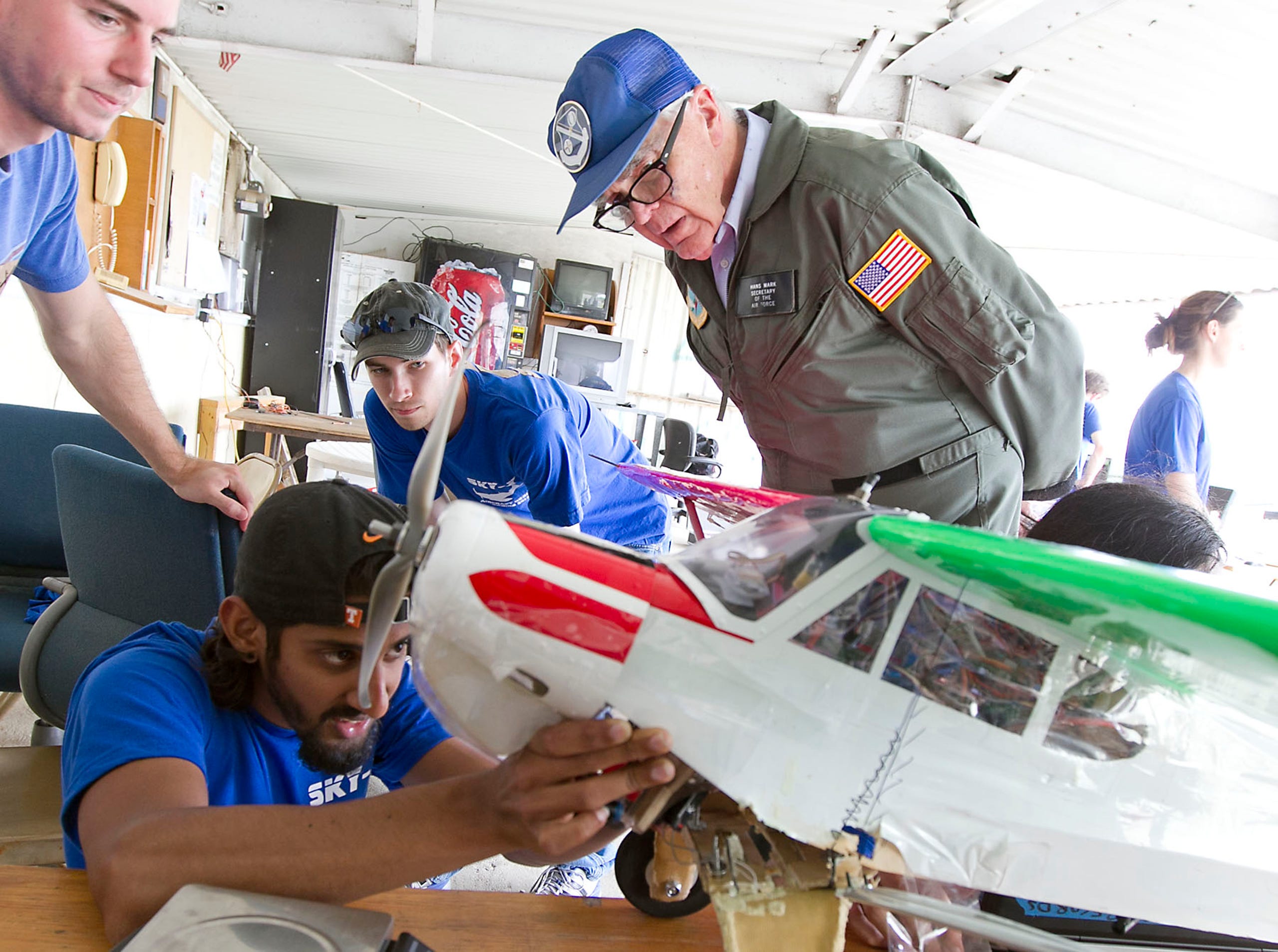 In 2013, Hans Mark, looks on during the Aeronautical Engineering Aircraft Design II class competition held at the Austin Radio Control Club's flying field.