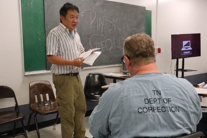 Roane State Professor Arthur Lee is seen in this photo delivering a lesson about geology to inmates at the Morgan County Correctional Complex in Wartburg.