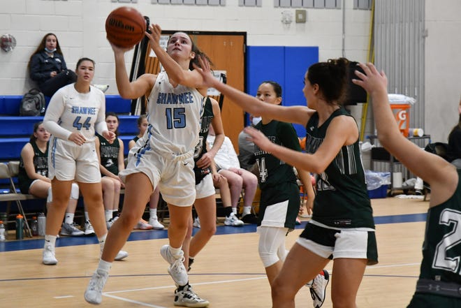 Shawnee guard Avery Kessler elevates for a shot in Holmdel at the She Got Game basketball showcase
