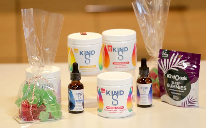 An assortment of Delta-8 products including gummies and drops that are dropped under the tongue, are for sale at Kind Oasis CBD on North Farwell Avenue in Milwaukee  on Thursday, Dec. 16, 2021. Kind Oasis sells Delta-8 products, a Hemp-derived product that is sold around Wisconsin that produces a similar “high” that cannabis produces while still being legal.