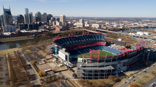 Nissan Stadium is seen across the Cumberland River from downtown Nashville, Tenn., on Dec. 8, 2021.
