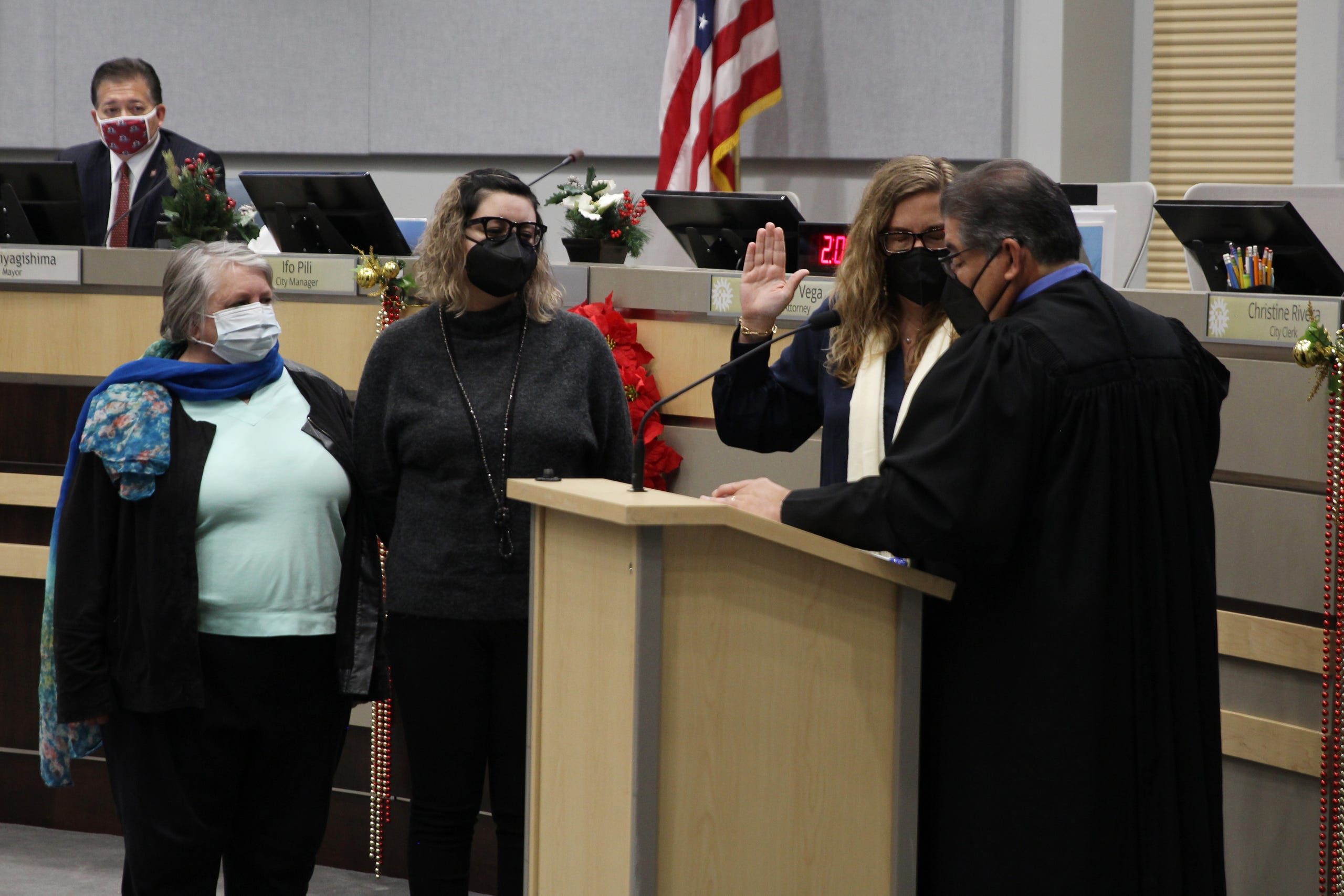 Las Cruces City Councilor Becky Corran, district 5, is sworn in by District Court Judge Conrad Perea at Las Cruces City Hall on Monday, Dec. 20, 2021.