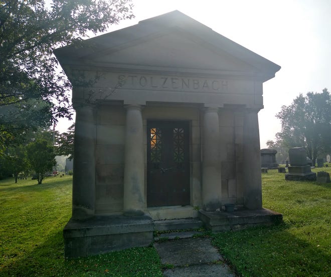 The mausoleum of Conrad Stolzenbach at Greenwood Cemetery.