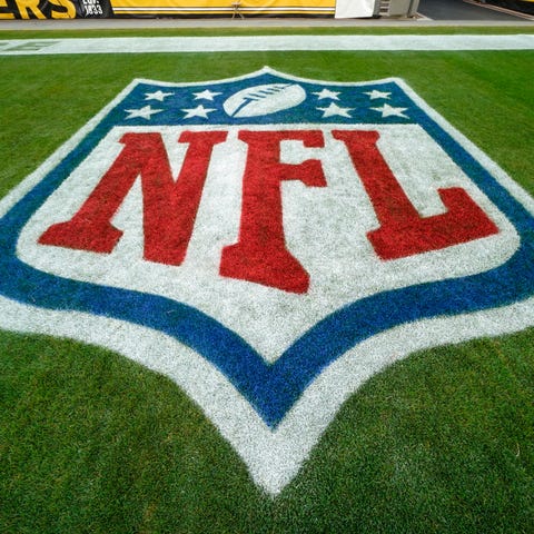This is the NFL logo painted in the end zone at He