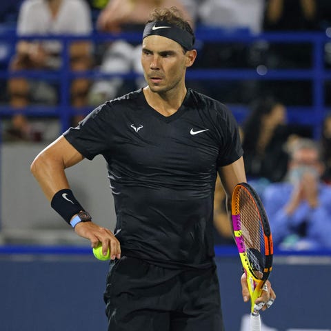 Rafael Nadal reacts during his semi-final match ag