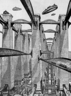 Behold Manhattan in 2022. A New York professor predicted in 1922 that New York City would have glass towers, enclosed skywalks, moving sidewalks, electric trains and luxury airships.