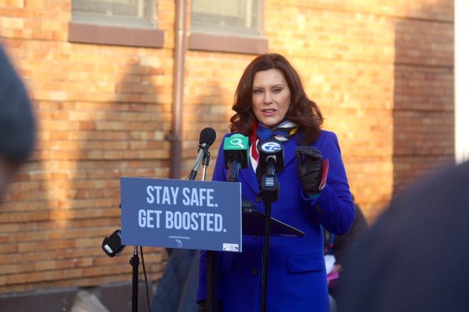 Michigan Gov. Gretchen Whitmer speaks during an update on the state's situation with the COVID-19 pandemic on Tuesday, Dec. 21, 2021, outside the Hispanic Center of West Michigan in Grand Rapids, Mich. During a media scrum on Wednesday, Feb. 2, 2022, Whitmer told reporters she's hopeful her office and Republican leadership in the Michigan Legislature can reach an agreement on how to allocate federal funds and make certain tax reforms in 2022.