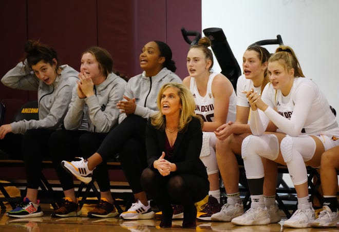 Dec 21, 2021; Tempe, AZ, United States; ASU's head coach Charli Turner Thorne calls out to her team during a game against UC Irvine at the Weatherup Center.