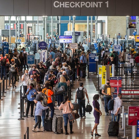 Travelers wait in line for TSA at Austin-Bergstrom