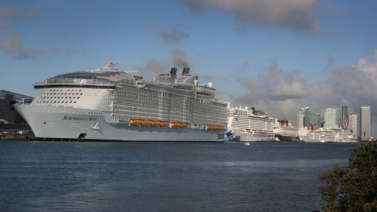 Royal Caribbean Symphony of the Seas Cruise ship which is the world's largest passenger liner is seen docked at PortMiami after returning to port from a Eastern Caribbean cruise as the world deals with the coronavirus outbreak on March 14, 2020 in Miami, Florida.