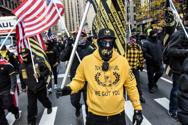 Members of the Proud Boys march in Manhattan against vaccine mandates in November 2021.