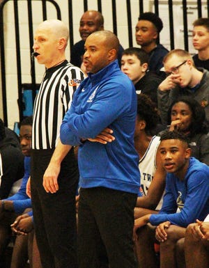Bloom Township head coach Dante Maddox watches his team during the 2019 Pontiac Holiday Tournament, where the Blazing Trojans finished second. Maddox will guide his 2021-22 team into the PHT and an opening round matchup with Joliet (West), who placed third in 2019.