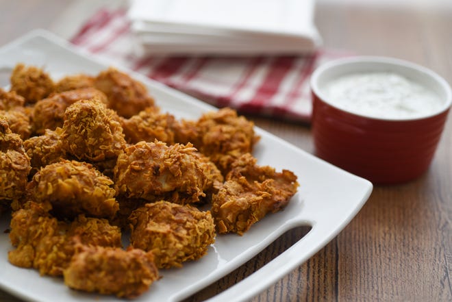 Oven-fried chicken bites are an easy appetizer recipe.