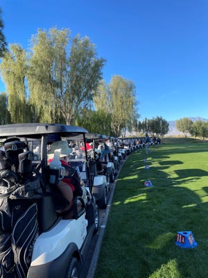 Golf carts are lined up at the Riverside County Foundation on Aging's 2021 annual charity golf tournament on Dec. 11, 2021.