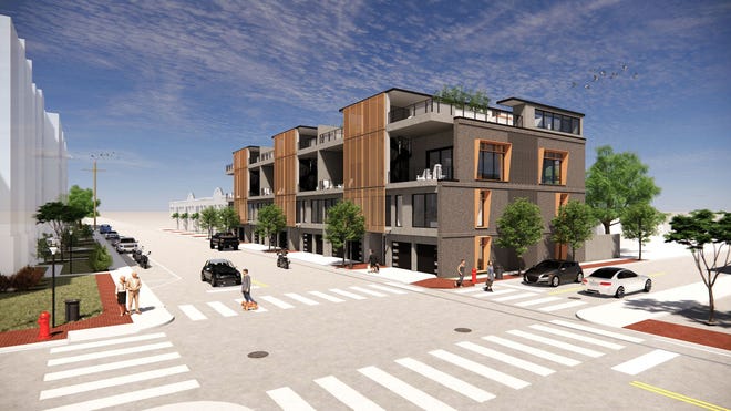 Exterior renderings of a row of six townhomes coming soon to downtown Pensacola.