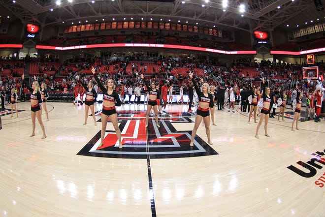 Dec 22, 2021; Lubbock, Texas, USA;  The Texas Tech Red Raiders cheerleaders after the game against the Eastern Washington Eagles at United Supermarkets Arena.