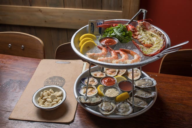 A seafood tower, with lobster, shrimp, oysters and clams from The Old Causeway Steak & Oyster House in Manahawkin.