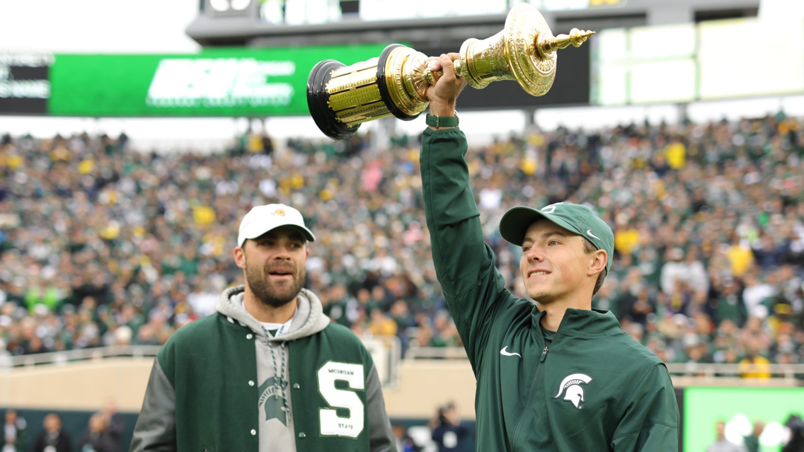 MSU senior golfer James Piot is honored at a Spartans football game this fall.