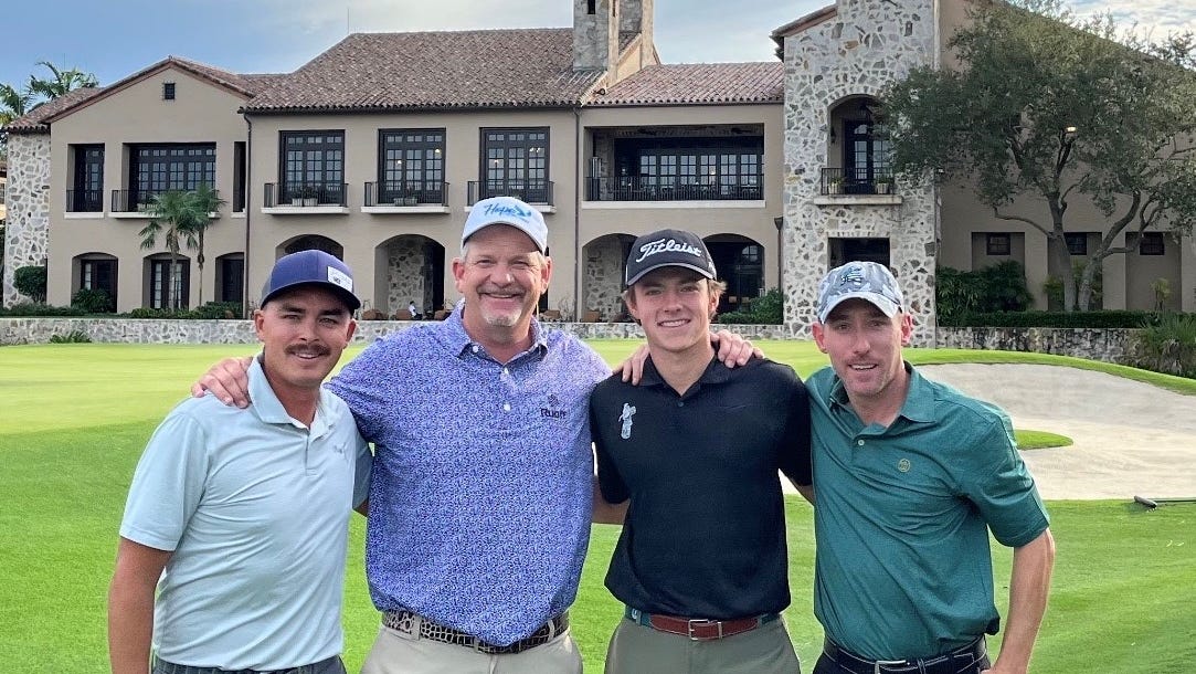 From left, Rickie Fowler, Tom Gillis, James Piot and Casey Lubahn pose at the Bear's Club in Jupiter, Florida, earlier this week.
