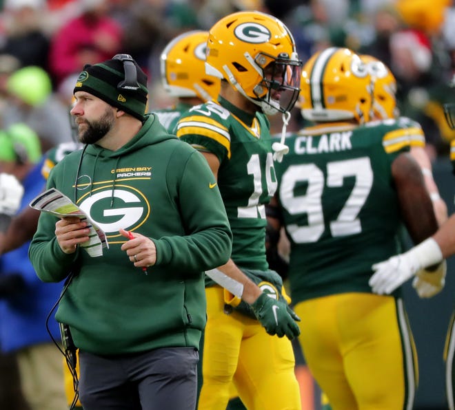 Packers wide receivers coach Jason Vrable looks on during a Christmas Day win over the Browns in 2021.