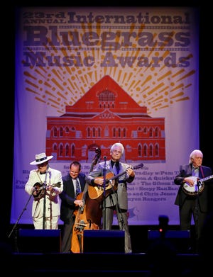 Del McCoury, center; Bobby Osborne, left; and J. D. Crowe, right; perform at the International Bluegrass Music Association Awards show on Sept. 27, 2012, in Nashville.