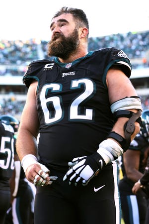 Philadelphia Eagles center Jason Kelce (62) on the sideline during an NFL football game against the New York Giants Sunday, Dec. 26, 2021, in Philadelphia. The Eagles defeated the Giants 34-10. (AP Photo/Rich Schultz)