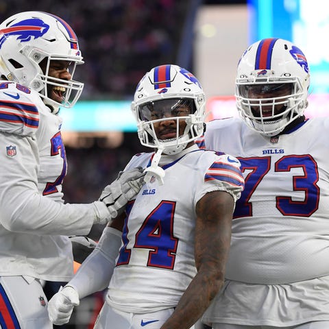 Bills wide receiver Stefon Diggs (14) reacts after