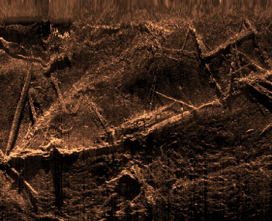 This sonar image created by SEARCH and released by the Alabama Historical Commission shows the remains of the Clotilda, the last known U.S. ship involved in the trans-Atlantic slave trade. Researchers studying the wreckage made the surprising discovery that most of the wooden schooner remains intact in a river near Mobile, Ala. including the pen used to imprison African captives during the brutal journey across the Atlantic Ocean.
