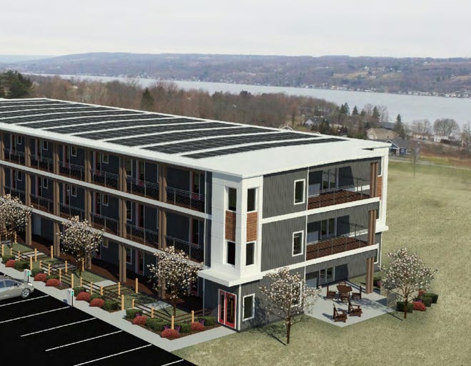 A computer generated image of one of the five 25-unit  apartment buildings to be built in Keuka Solar Village overlooking the Keuka Lake