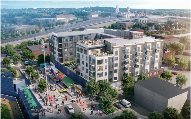 A conceptual rendering of a proposed seven-story mixed-use development on Green Street overlooking Polar Park.