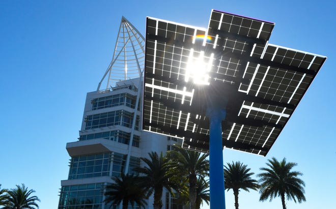 The FPL SolarNow project solar trees on the grounds of Exploration Tower in Port Canaveral since 2018 are supported by voluntary customer contributions. These installations then covert the energy of the sun into emissions-free electricity.