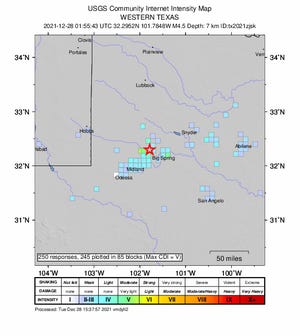 USGS intensity map of earthquake that hit Stanton, Texas on Dec. 27, 2021.