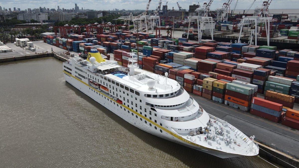 The MS Hamburg is seen docked in Buenos Aires on Nov. 29, 2021. Argentina ordered all passengers on board to isolate following the detection of a COVID case, according to the Ministry of Health.