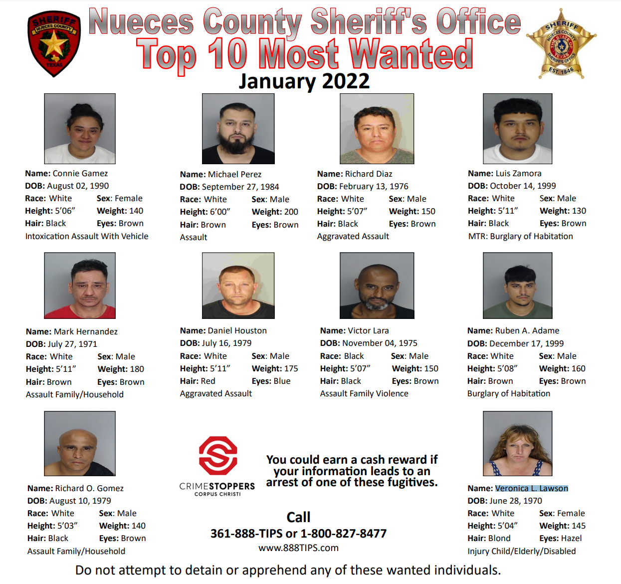 These people are Nueces County's top 10 most wanted for January 2022