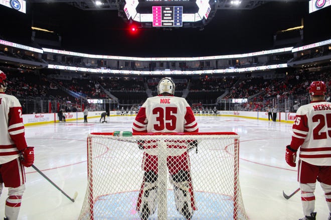 Wisconsin goaltender Jared Moe and teammates await the start of their game against Yale in the semifinals of the inaugural Kwik Trip Holiday Face-Off college hockey tournament Dec. 29 at Fiserv Forum. The arena and event organizers have a three-year agreement.