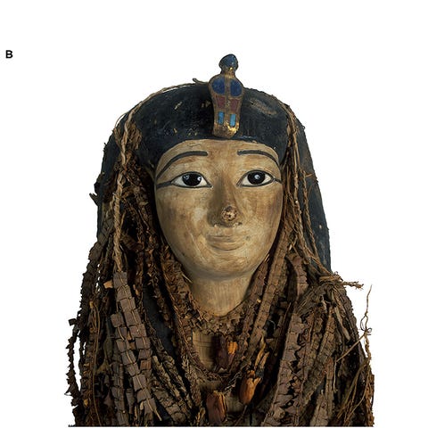 The mummy of Amenhotep I has a face mask with eyes