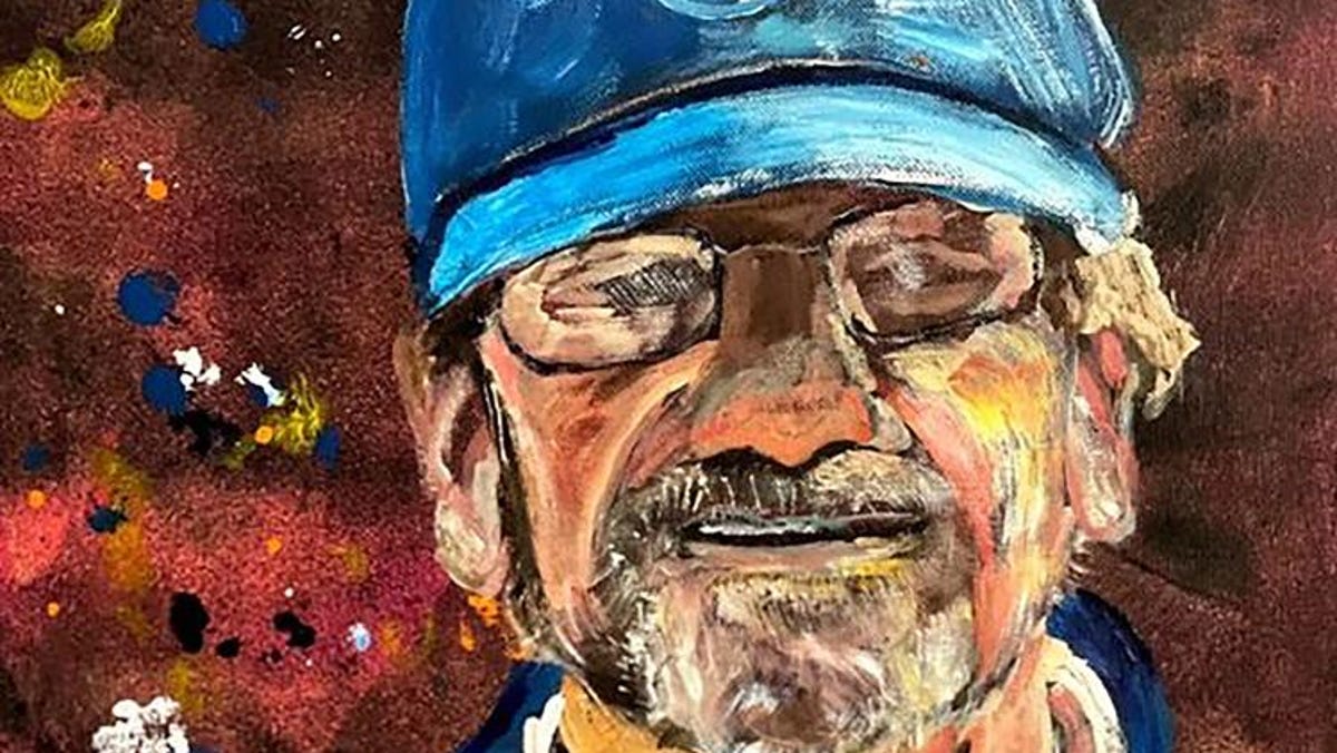 This 2021 painting by Bob Van Wert depicts Tom Randele, whose real name according to authorities is Ted Conrad. According to authorities, Conrad, a former Ohio bank teller-turned-thief, lived for decades under a different name in suburban Boston. Conrad died in May 2021.