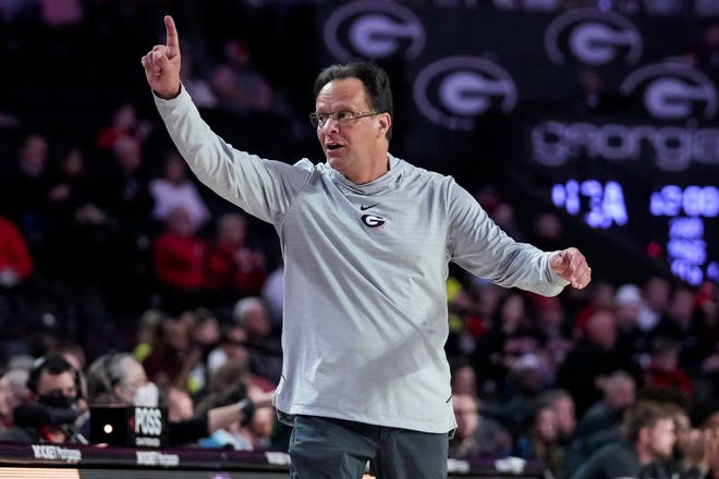 Dec 7, 2021; Athens, Georgia, USA; Georgia Bulldogs head coach Tom Crean reacts on the sideline during the game against the Jacksonville Dolphins during the second half at Stegeman Coliseum. Dale Zanine-USA TODAY Sports
